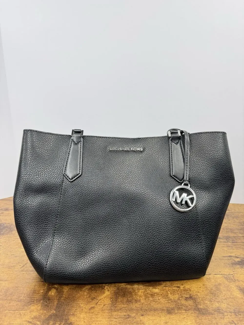 Michael Kors Kimberly Large Leather Top Zip Bonded Tote Solid Black Silver Charm